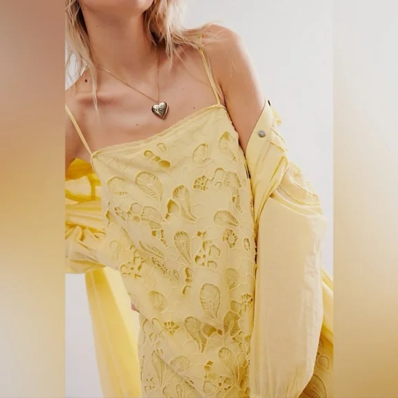 🌼NWT Free People Two Piece Co-ord Set Yellow Floral Eyelet Dress Size XS - Picture 4 of 10